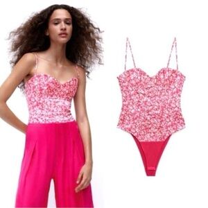 NWT ZARA FLORAL PRINTED CORSET BODYSUIT PINK / WHITE S
